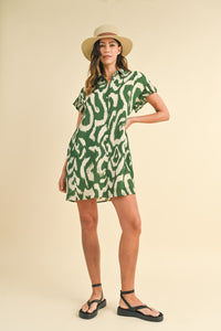 AnnieWear Abstract Print Button Down Mini Dress in Green