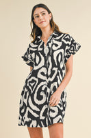 AnnieWear Abstract Print Button Down Mini Dress in Black