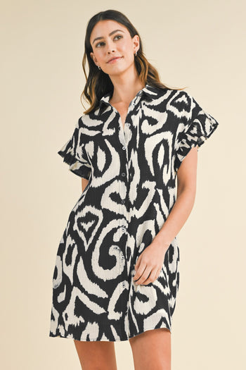 AnnieWear Abstract Print Button Down Mini Dress in Black
