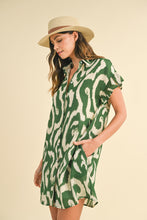 Load image into Gallery viewer, AnnieWear Abstract Print Button Down Mini Dress in Green
