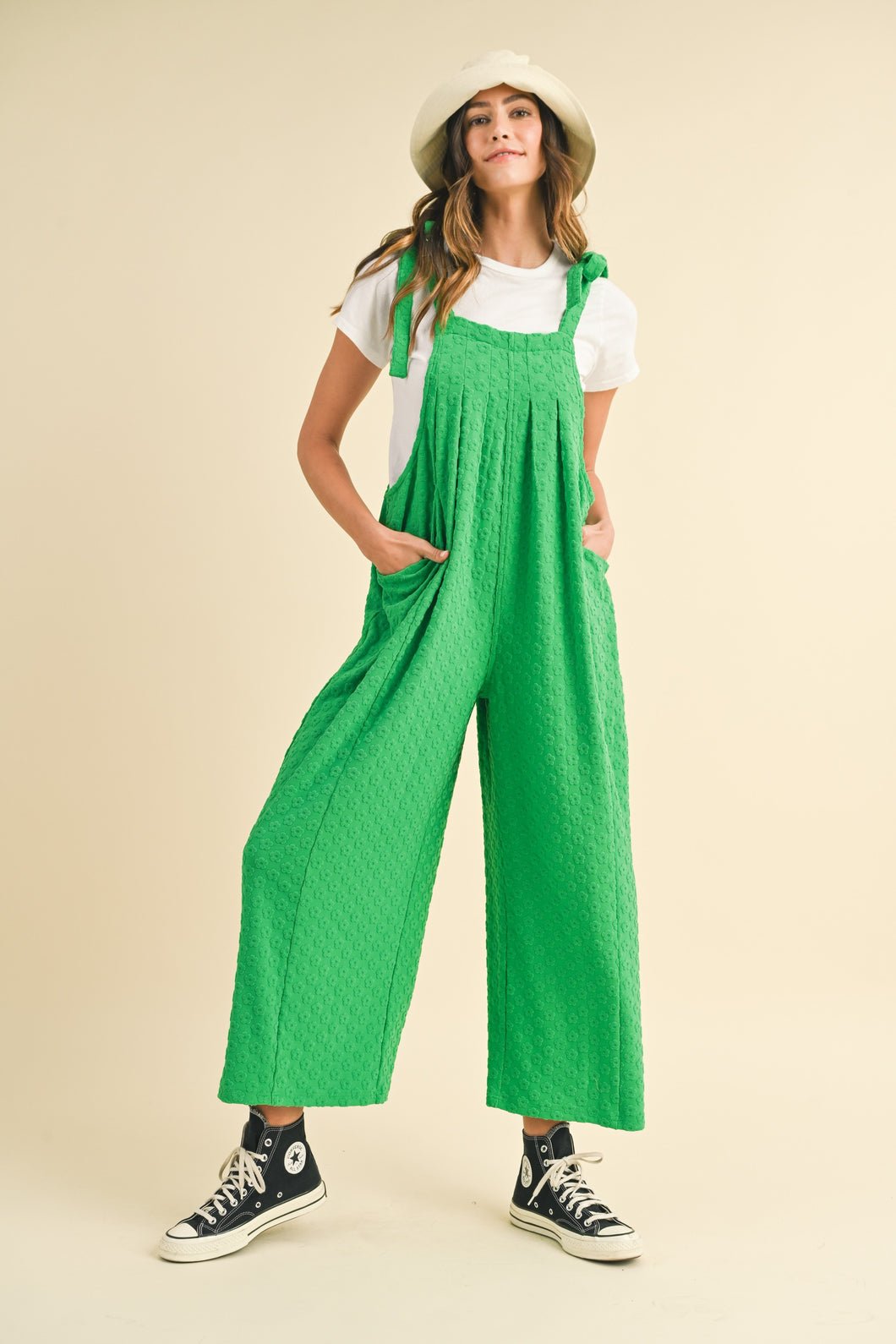 AnnieWear Terry Knit Jumpsuit with Textured Daisies in Kelly Green