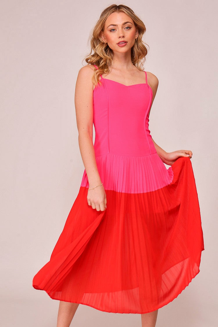Lumiere Color Block Midi Dress in Fuchsia/Red S