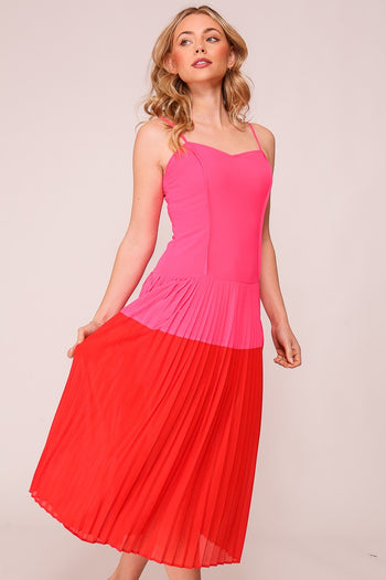 Lumiere Color Block Midi Dress in Fuchsia/Red S Lumiere Color Block Midi Dress in Fuchsia/Red S