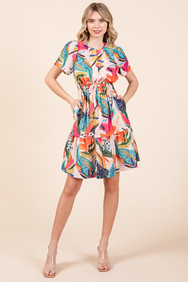 Lime 'N' Chili Abstract Print Mini Dress in Fuchsia Combo