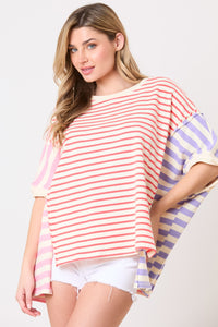 Peach Love Color Block Multi Colored Striped Top in Red/Pink/Lavender