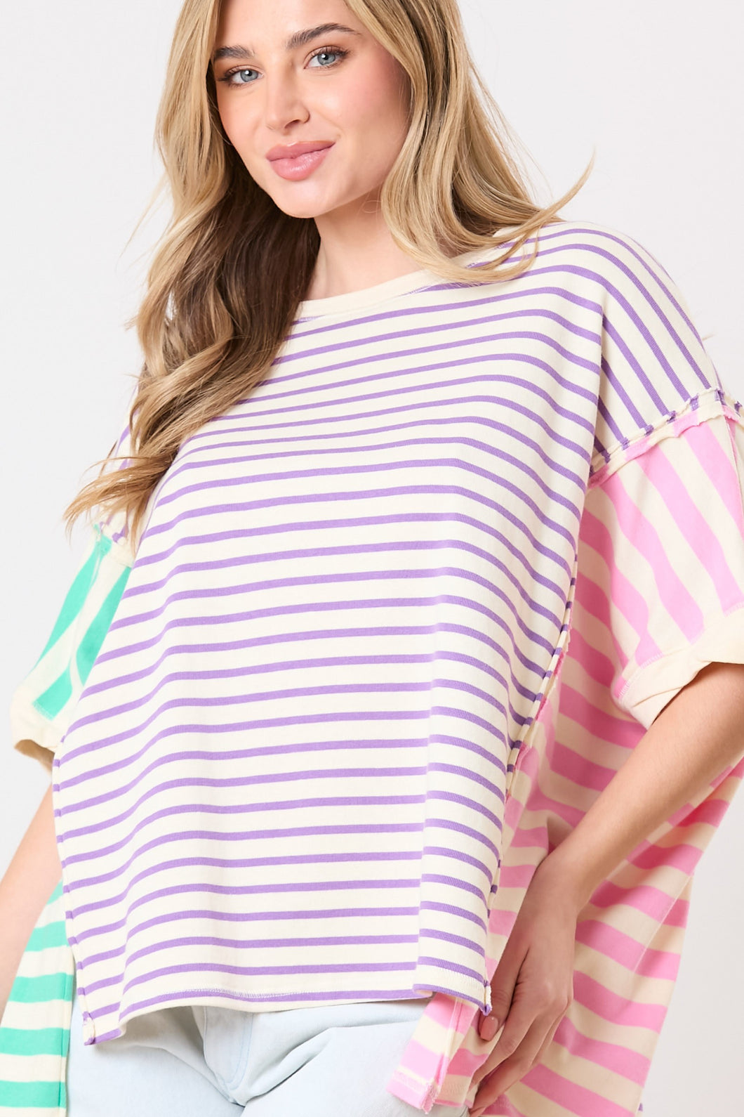 Peach Love Color Block Multi Colored Striped Top in Purple/Mint/Pink