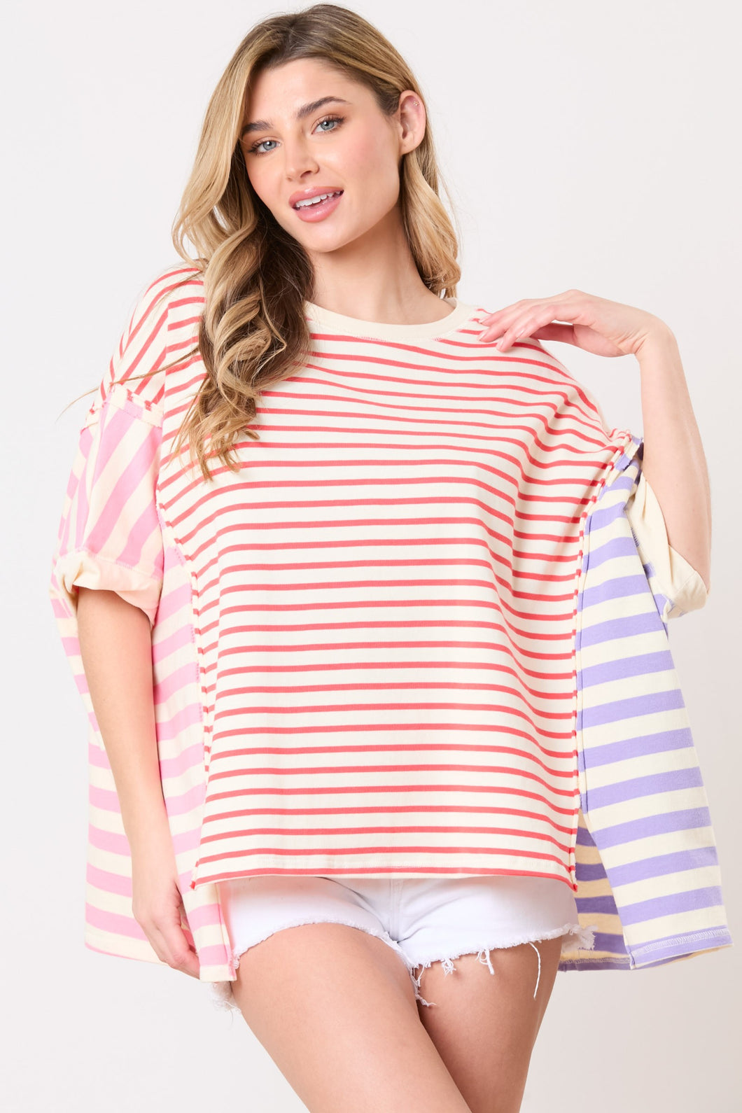 Peach Love Color Block Multi Colored Striped Top in Red/Pink/Lavender