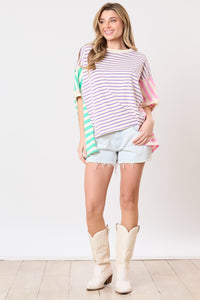 Peach Love Color Block Multi Colored Striped Top in Purple/Mint/Pink