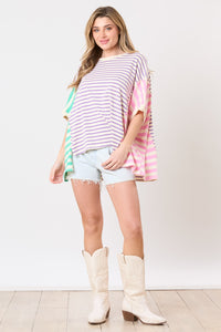 Peach Love Color Block Multi Colored Striped Top in Purple/Mint/Pink