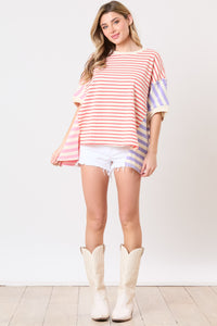 Peach Love Color Block Multi Colored Striped Top in Red/Pink/Lavender