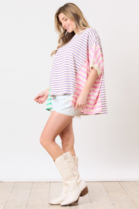 Peach Love Color Block Multi Colored Striped Top in Purple/Mint/Pink