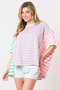 Peach Love Color Block Multi Colored Striped Top in Purple/Mint/Pink