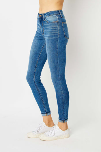 Judy Blue High Waisted Denim Cuffed Skinny Jeans in Medium Wash Pants Judy Blue   