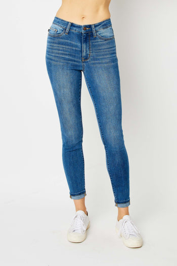 Judy Blue High Waisted Denim Cuffed Skinny Jeans in Medium Wash Pants Judy Blue   