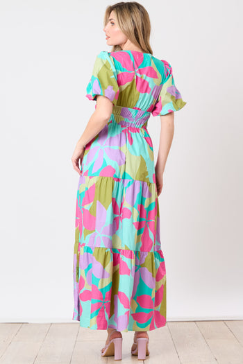 Peach Love Poplin Floral Print Maxi Dress in Fuchsia/Mint Multi