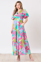 Peach Love Poplin Floral Print Maxi Dress in Fuchsia/Mint Multi