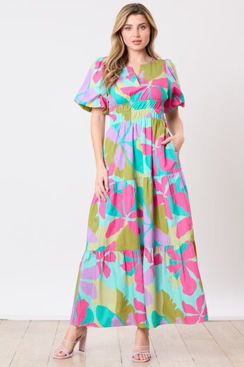 Peach Love Poplin Floral Print Maxi Dress in Fuchsia/Mint Multi S Peach Love Poplin Floral Print Maxi Dress in Fuchsia/Mint Multi S
