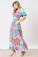 Peach Love Poplin Floral Print Maxi Dress in Fuchsia/Mint Multi