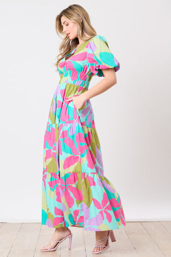 Peach Love Poplin Floral Print Maxi Dress in Fuchsia/Mint Multi
