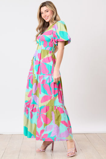 Peach Love Poplin Floral Print Maxi Dress in Fuchsia/Mint Multi