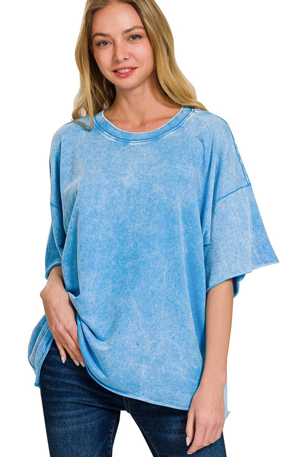 Mineral Washed French Terry Knit Top in Deep Sky Shirts & Tops Zenana   