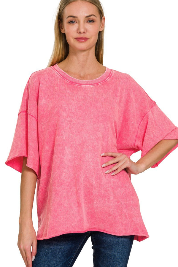 Mineral Washed French Terry Knit Top in Fuchsia Shirts & Tops Zenana   