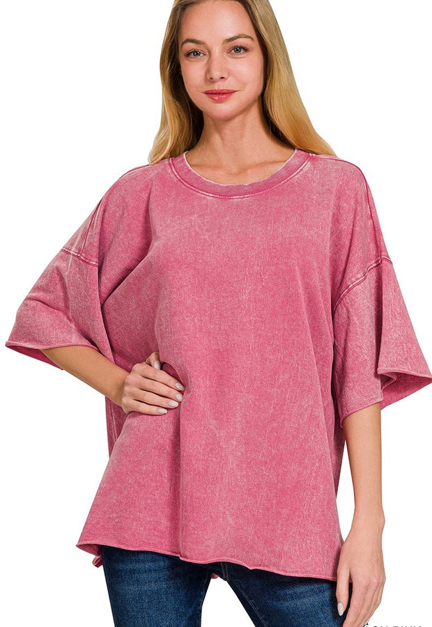 Mineral Washed French Terry Knit Top in Ash Pink Shirts & Tops Zenana   