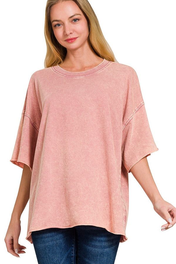 Mineral Washed French Terry Knit Top in Light Rose Shirts & Tops Zenana   