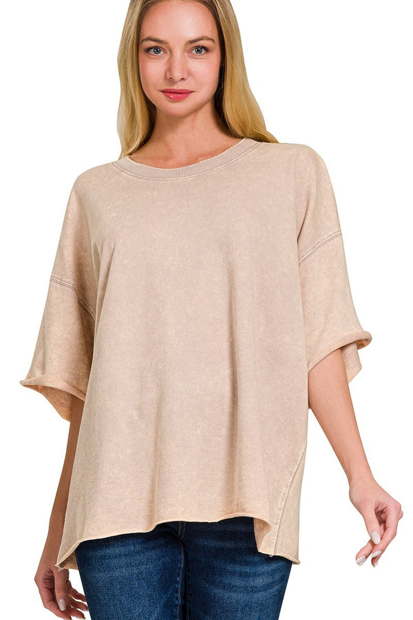 Mineral Washed French Terry Knit Top in Ash Mocha Shirts & Tops Zenana   