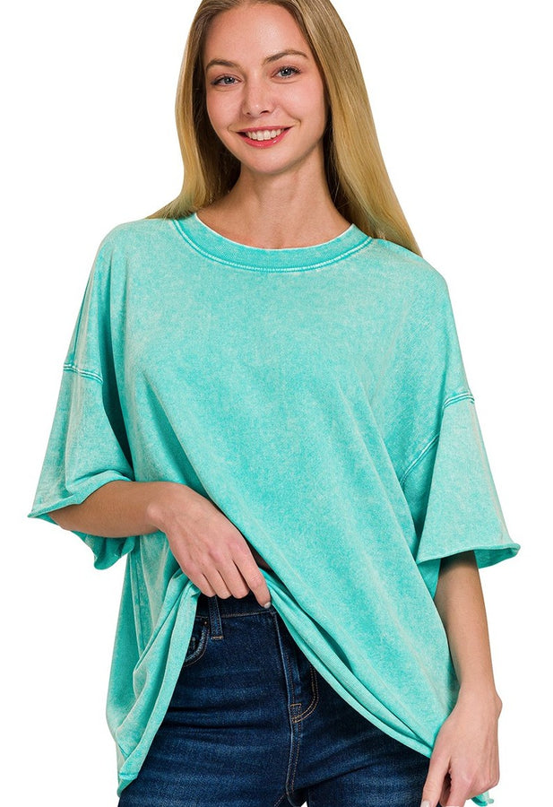 Mineral Washed French Terry Knit Top in Turquoise Shirts & Tops Zenana   