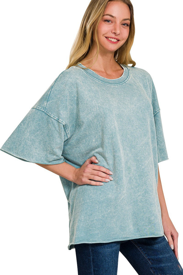 Mineral Washed French Terry Knit Top in Ash Blue Shirts & Tops Zenana   
