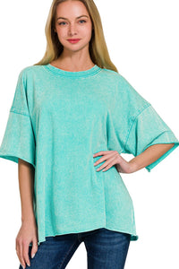 Mineral Washed French Terry Knit Top in Turquoise Shirts & Tops Zenana   