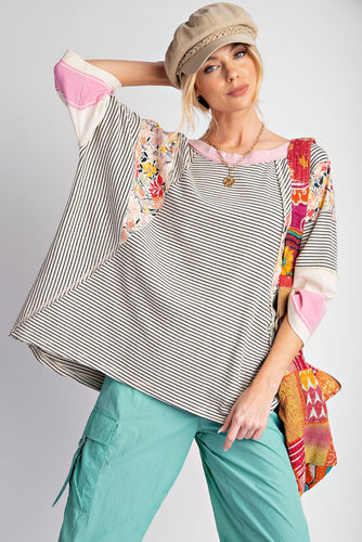 Easel Striped Knit Top with Mix Print Sleeves in Oat Black Shirts & Tops Easel   