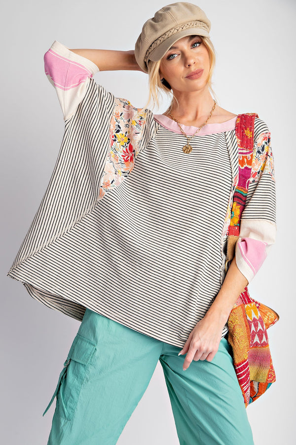 Easel Striped Knit Top with Mix Print Sleeves in Oat Black ON ORDER Shirts & Tops Easel   