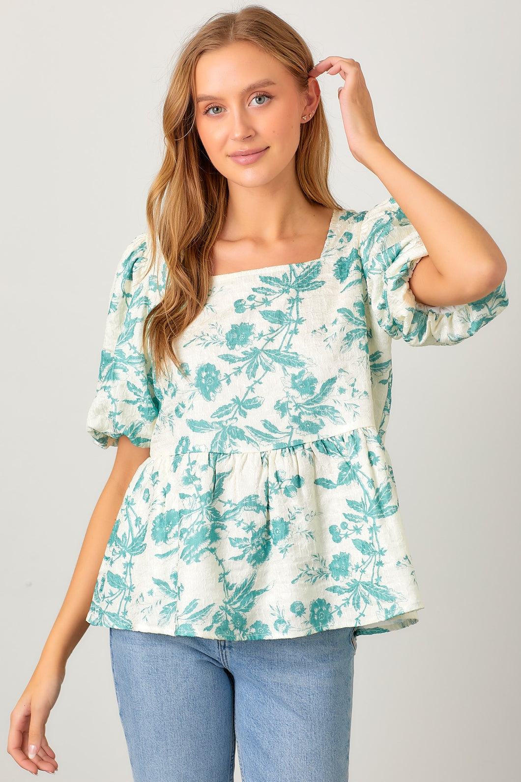 Polagram Textured Printed Top in Teal