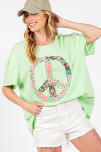Sage+Fig Solid Color Top with Floral Peace Sign Applique in Sage ON ORDER