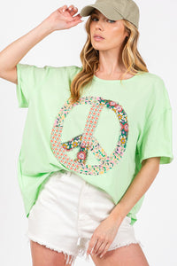 Sage+Fig Solid Color Top with Floral Peace Sign Applique in Sage ON ORDER
