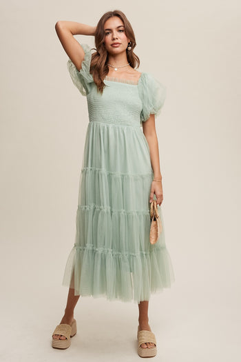 Listicle Smocked Bodice Tiered Mesh Maxi Dress in Mint