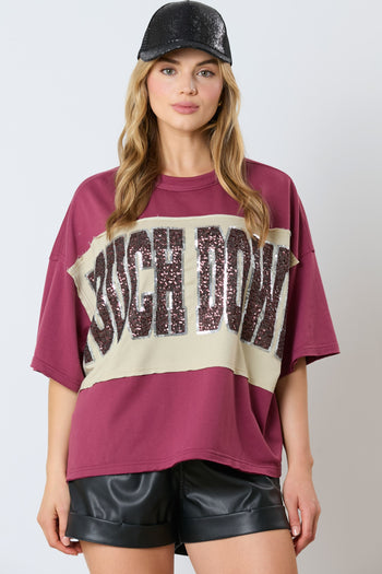 Fantastic Fawn OVERSIZED Color Block Top with Sequin TOUCHDOWN Front in Garnet/Dusty Gold