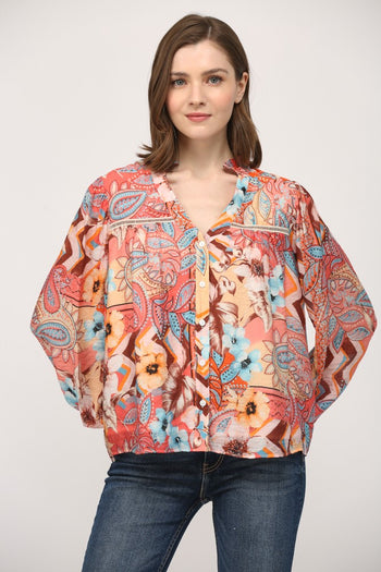 FATE Mixed Print Top with Lace Insert Details in Peach Multi