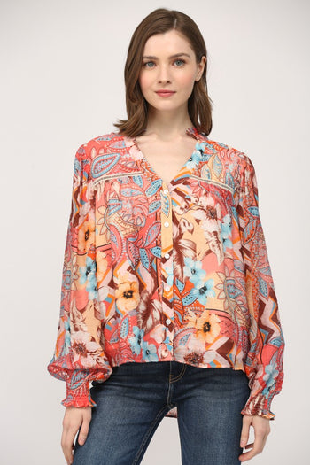 FATE Mixed Print Top with Lace Insert Details in Peach Multi