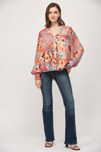 FATE Mixed Print Top with Lace Insert Details in Peach Multi