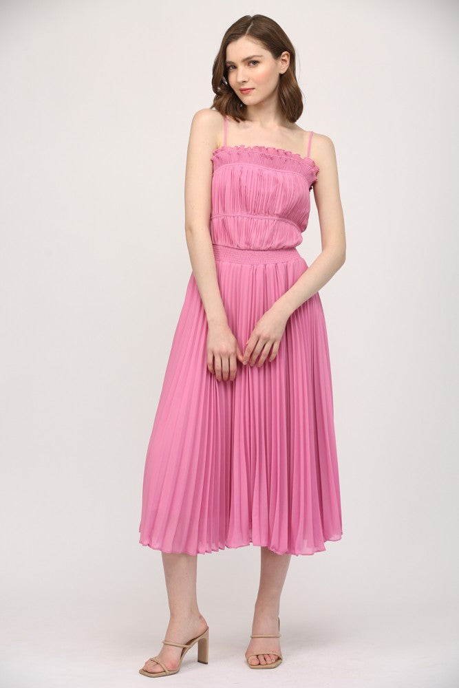 solid color midi dress FATE Solid Color Pleated Midi Dress in Wild Rose S