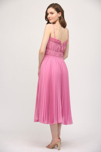 FATE Solid Color Pleated Midi Dress in Wild Rose
