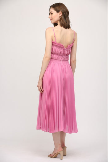 FATE Solid Color Pleated Midi Dress in Wild Rose