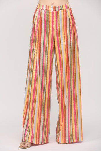 FATE Multi Color Striped Sequin Wide Leg Pants in Pink Yellow Blue