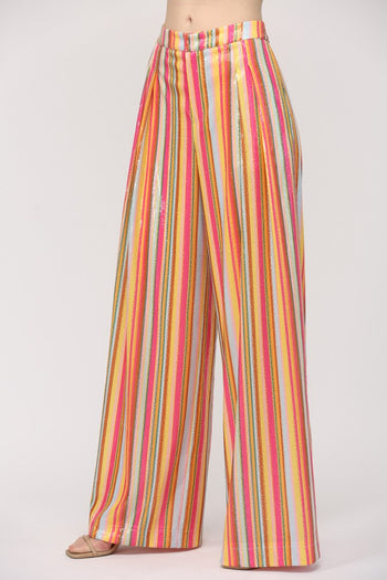FATE Multi Color Striped Sequin Wide Leg Pants in Pink Yellow Blue