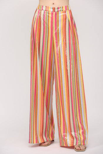 FATE Multi Color Striped Sequin Wide Leg Pants in Pink Yellow Blue