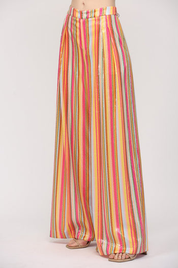 FATE Multi Color Striped Sequin Wide Leg Pants in Pink Yellow Blue