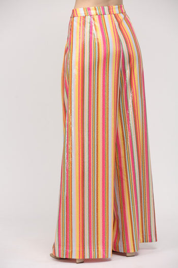 FATE Multi Color Striped Sequin Wide Leg Pants in Pink Yellow Blue